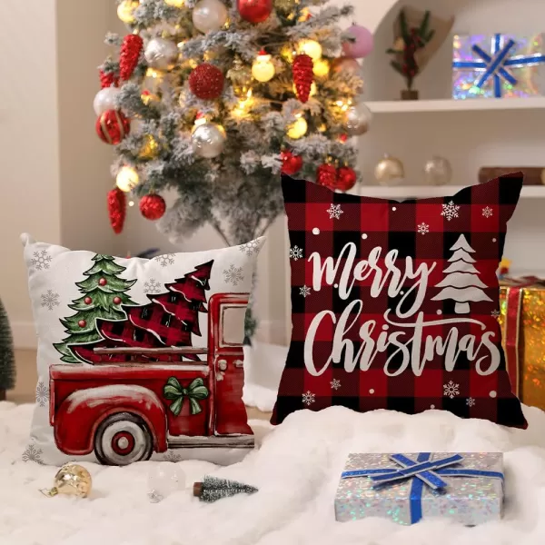 DFXSZ Christmas Pillow Covers 18x18 inch Set of 4 Christmas Tree Truck Black and red Plaid Decorative Throw Pillow Covers Winter Farmhouse Decoration for Home Couch BTHZ144A18Red Black