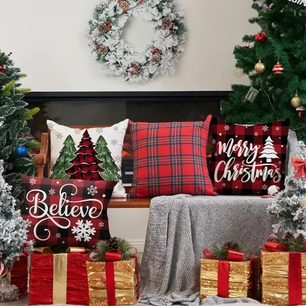 DFXSZ Christmas Pillow Covers 18x18 inch Set of 4 Christmas Tree Truck Black and red Plaid Decorative Throw Pillow Covers Winter Farmhouse Decoration for Home Couch BTHZ144A18Red Black