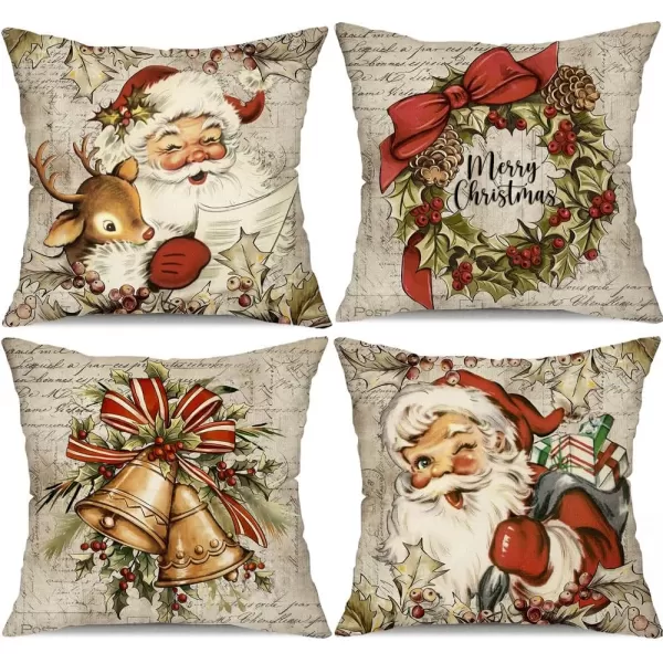 DFXSZ Christmas Pillow Covers 18x18 inch Set of 4 Santa Claus Reindeer Decorative Vintage Throw Pillow Covers Winter Retro Farmhouse Decoration for Home Couch BTHZ140B18Multicolor