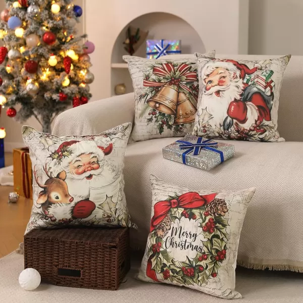 DFXSZ Christmas Pillow Covers 18x18 inch Set of 4 Santa Claus Reindeer Decorative Vintage Throw Pillow Covers Winter Retro Farmhouse Decoration for Home Couch BTHZ140B18Multicolor