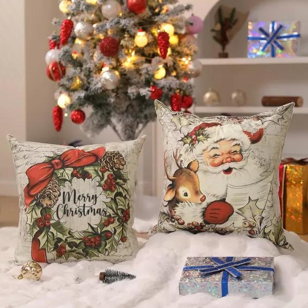 DFXSZ Christmas Pillow Covers 18x18 inch Set of 4 Santa Claus Reindeer Decorative Vintage Throw Pillow Covers Winter Retro Farmhouse Decoration for Home Couch BTHZ140B18Multicolor