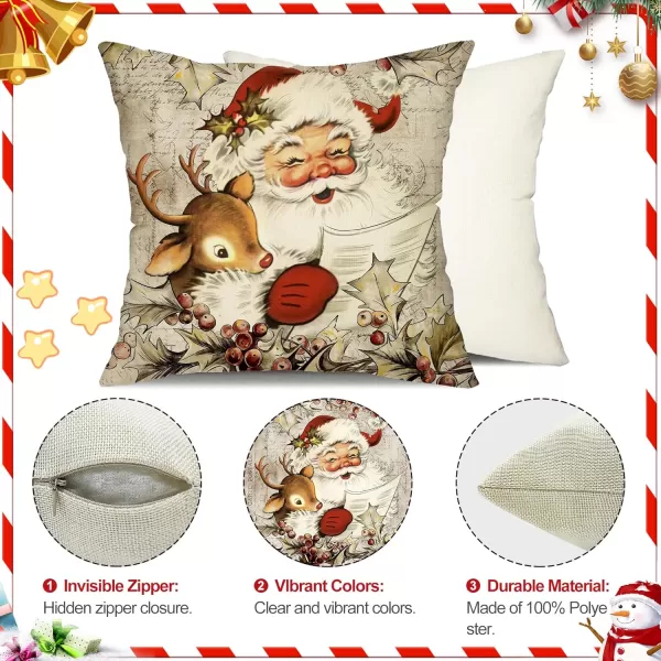 DFXSZ Christmas Pillow Covers 18x18 inch Set of 4 Santa Claus Reindeer Decorative Vintage Throw Pillow Covers Winter Retro Farmhouse Decoration for Home Couch BTHZ140B18Multicolor
