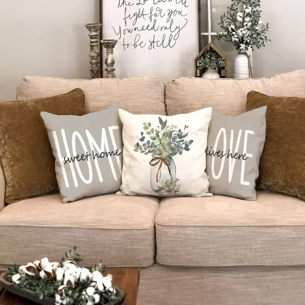 DFXSZ Farmhouse Pillow Covers 16x16 Set of 4Eucalyptus Leaves Decorations Truck Vase Home Sweet Home Linen Cushion Case Gifts for Home DecorA