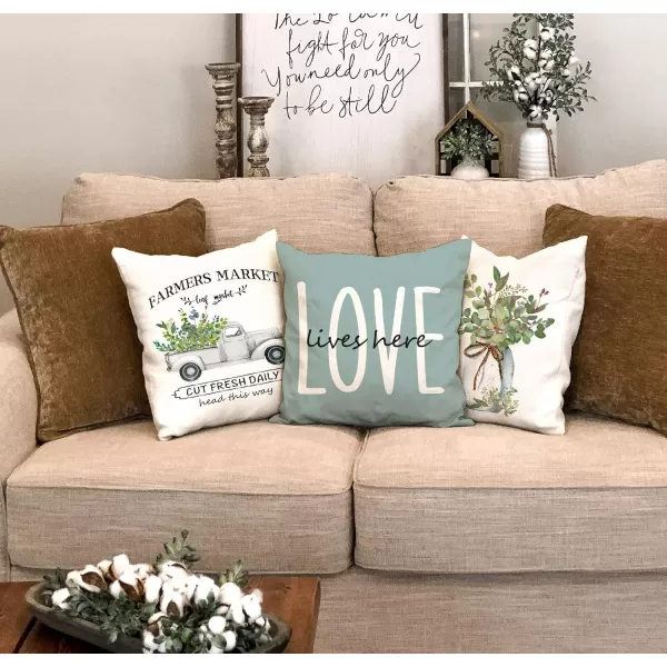 DFXSZ Farmhouse Pillow Covers 16x16 Set of 4Eucalyptus Leaves Decorations Truck Vase Home Sweet Home Linen Cushion Case Gifts for Home DecorD