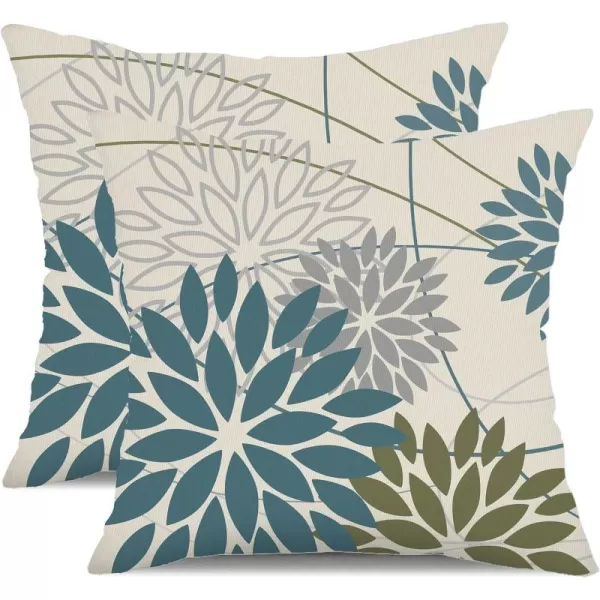Blue and Gray Floral Pillow Covers 18x18 Set of 2 Outdoor Waterproof White Colored Decorative Throw Pillows Summer Pillowcase Polyester Cushion Case Decor for Couch Patio Funiture Garden Porch 01BBlue Green