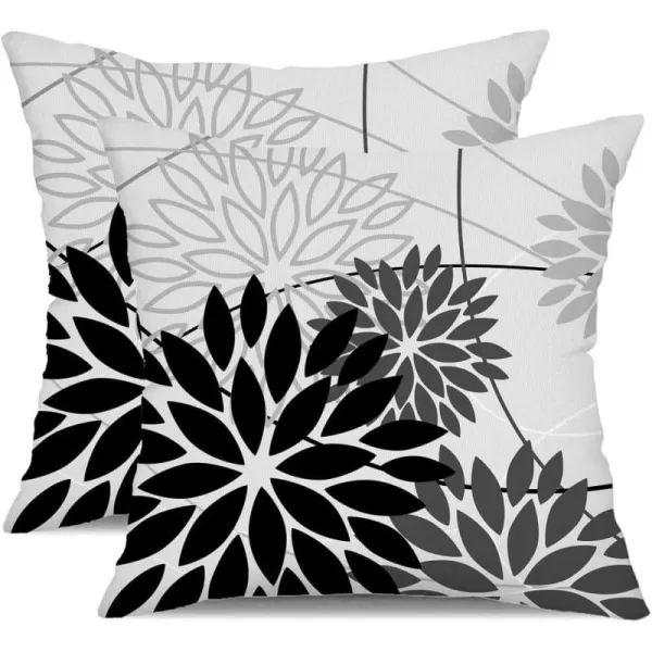 Blue and Gray Floral Pillow Covers 18x18 Set of 2 Outdoor Waterproof White Colored Decorative Throw Pillows Summer Pillowcase Polyester Cushion Case Decor for Couch Patio Funiture Garden Porch 01BBlack Grey