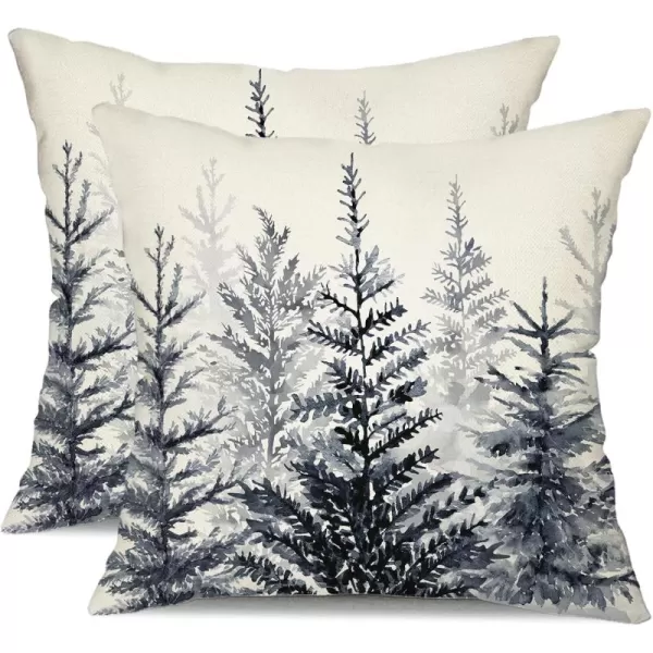 DFXSZ Christmas Pillow Covers 18x18 inch Set of 2 Watercolor Blue Green Christmas Tree Rustic Style Nature Forest Print Decorative Throw Pillows Winter Christmas Decor TH32B18Blue Grey