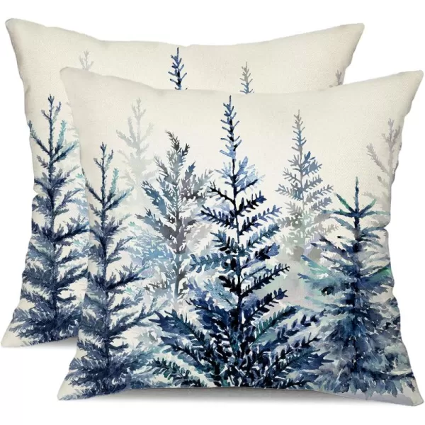 DFXSZ Christmas Pillow Covers 18x18 inch Set of 2 Watercolor Blue Green Christmas Tree Rustic Style Nature Forest Print Decorative Throw Pillows Winter Christmas Decor TH32B18Blue