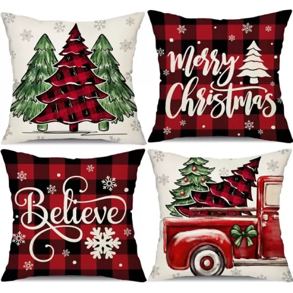DFXSZ Christmas Pillow Covers 18x18 inch Set of 4 Christmas Tree Truck Black and red Plaid Decorative Throw Pillow Covers Winter Farmhouse Decoration for Home Couch BTHZ144A18Red Black