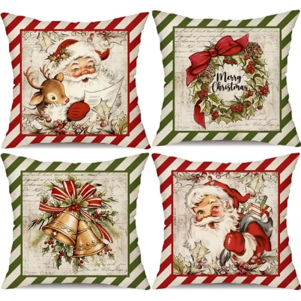 DFXSZ Christmas Pillow Covers 18x18 inch Set of 4 Santa Claus Reindeer Decorative Vintage Throw Pillow Covers Winter Retro Farmhouse Decoration for Home Couch BTHZ140B18Red Green
