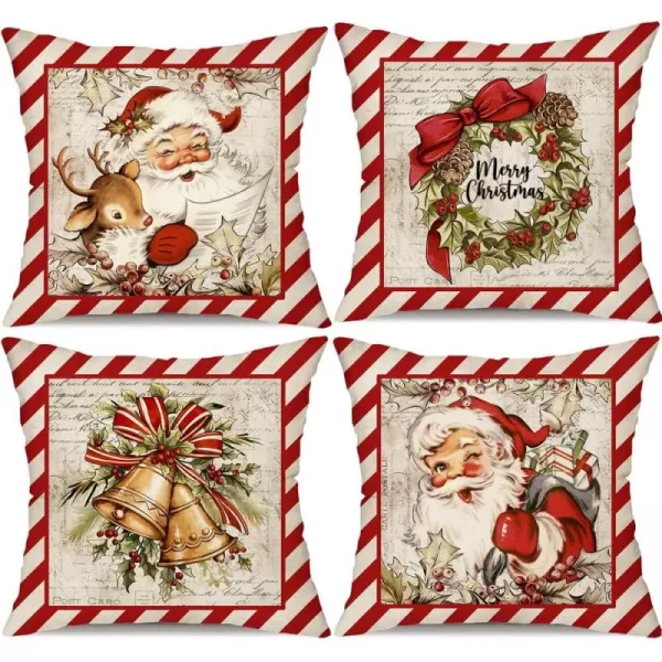 DFXSZ Christmas Pillow Covers 18x18 inch Set of 4 Santa Claus Reindeer Decorative Vintage Throw Pillow Covers Winter Retro Farmhouse Decoration for Home Couch BTHZ140B18Red