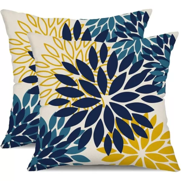 DFXSZ Yellow Blue Flower Pillow Covers 18x18 Inch Set of 2 White Gray Colored Throw Pillows Outdoor Waterproof Decor for Living Room Sofa Patio Funiture Garden Floral Polyester Pillow Covers 002JBlue Yellow2