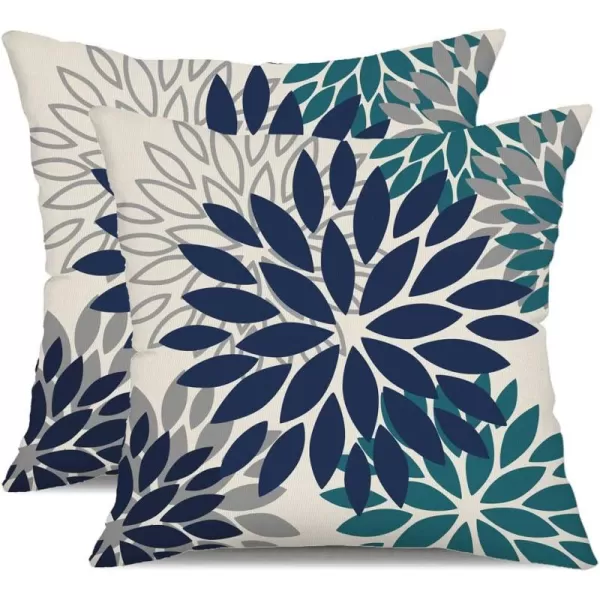 DFXSZ Yellow Blue Flower Pillow Covers 18x18 Inch Set of 2 White Gray Colored Throw Pillows Outdoor Waterproof Decor for Living Room Sofa Patio Funiture Garden Floral Polyester Pillow Covers 002JNavy Blue2