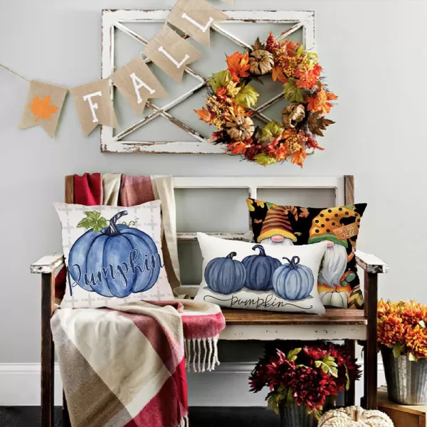 DFXSZ Fall Pillow Covers 12x20 Inch Fall Autumn Thanksgiving Ink Painting Blue Pumpkins Lumbar Pillowcase Cotton Linen DecorativeDecoration for Home CouchDeep Light Blue