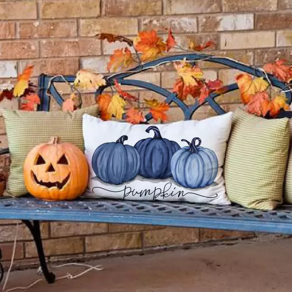 DFXSZ Fall Pillow Covers 12x20 Inch Fall Autumn Thanksgiving Ink Painting Blue Pumpkins Lumbar Pillowcase Cotton Linen DecorativeDecoration for Home CouchDeep Light Blue