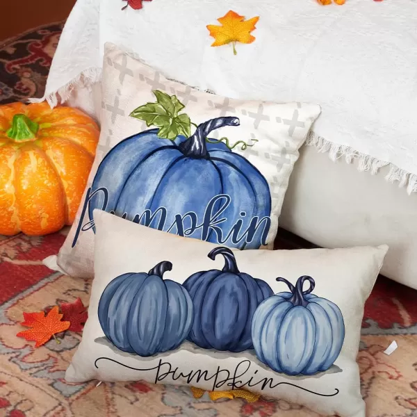 DFXSZ Fall Pillow Covers 12x20 Inch Fall Autumn Thanksgiving Ink Painting Blue Pumpkins Lumbar Pillowcase Cotton Linen DecorativeDecoration for Home CouchDeep Light Blue