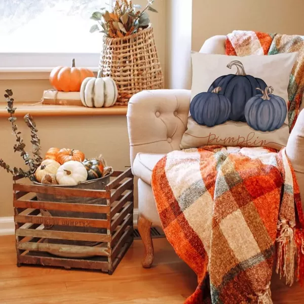 DFXSZ Fall Pillow Covers 12x20 Inch Fall Autumn Thanksgiving Ink Painting Blue Pumpkins Lumbar Pillowcase Cotton Linen DecorativeDecoration for Home CouchBlue
