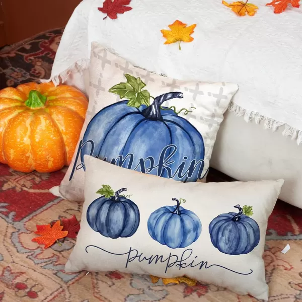 DFXSZ Fall Pillow Covers 12x20 Inch Fall Autumn Thanksgiving Ink Painting Blue Pumpkins Lumbar Pillowcase Cotton Linen DecorativeDecoration for Home CouchBlue3