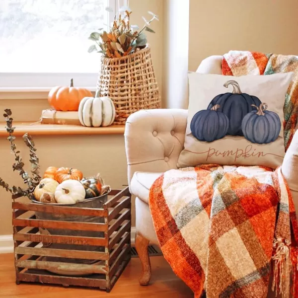 DFXSZ Fall Pillow Covers 12x20 Inch Fall Autumn Thanksgiving Ink Painting Blue Pumpkins Lumbar Pillowcase Cotton Linen DecorativeDecoration for Home CouchBlue