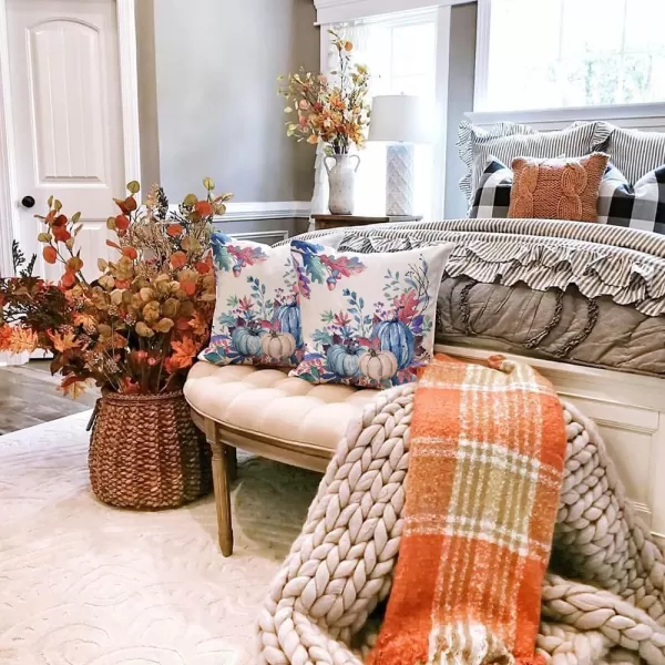DFXSZ Fall Pillow Covers 18x18 inch Set of 2 Orange White Pumpkin Fallen Leaves Decorative Outdoor Throw Pillow Covers Autumn Thanksgiving Farmhouse Decoration for Home Couch TH27A18Blue White