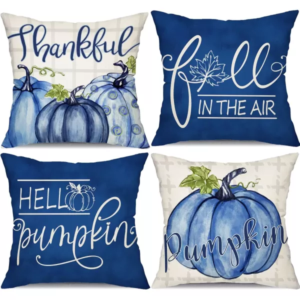 DFXSZ Fall Pillow Covers 18x18 inch Set of 4 Buffalo Plaid Fall Blue Pumpkin Throw Pillow Cover Autumn Thanksgiving Decoration for Home Couch BedBlue Pumpkin