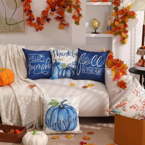 DFXSZ Fall Pillow Covers 18x18 inch Set of 4 Buffalo Plaid Fall Blue Pumpkin Throw Pillow Cover Autumn Thanksgiving Decoration for Home Couch BedBlue Pumpkin