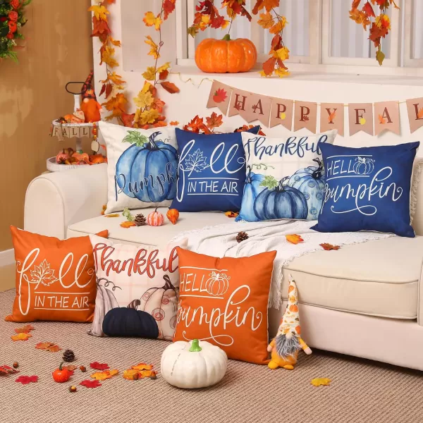 DFXSZ Fall Pillow Covers 18x18 inch Set of 4 Buffalo Plaid Fall Blue Pumpkin Throw Pillow Cover Autumn Thanksgiving Decoration for Home Couch BedBlue Pumpkin