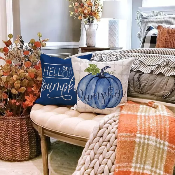 DFXSZ Fall Pillow Covers 18x18 inch Set of 4 Buffalo Plaid Fall Blue Pumpkin Throw Pillow Cover Autumn Thanksgiving Decoration for Home Couch BedBlue Pumpkin