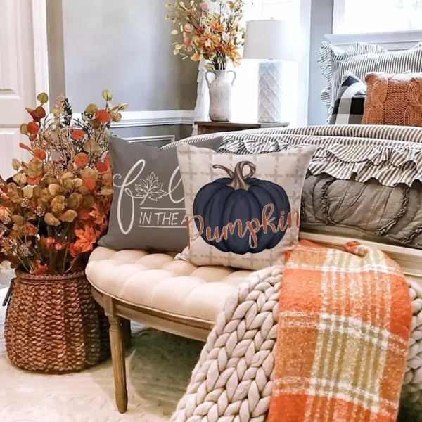 DFXSZ Fall Pillow Covers 18x18 inch Set of 4 Buffalo Plaid Fall Blue Pumpkin Throw Pillow Cover Autumn Thanksgiving Decoration for Home Couch BedGrey Blue Pumpkin
