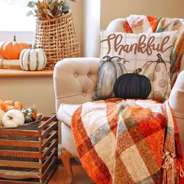 DFXSZ Fall Pillow Covers 18x18 inch Set of 4 Buffalo Plaid Fall Blue Pumpkin Throw Pillow Cover Autumn Thanksgiving Decoration for Home Couch BedGrey Blue Pumpkin