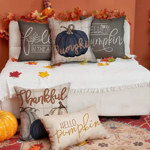 DFXSZ Fall Pillow Covers 18x18 inch Set of 4 Buffalo Plaid Fall Blue Pumpkin Throw Pillow Cover Autumn Thanksgiving Decoration for Home Couch BedGrey Blue Pumpkin