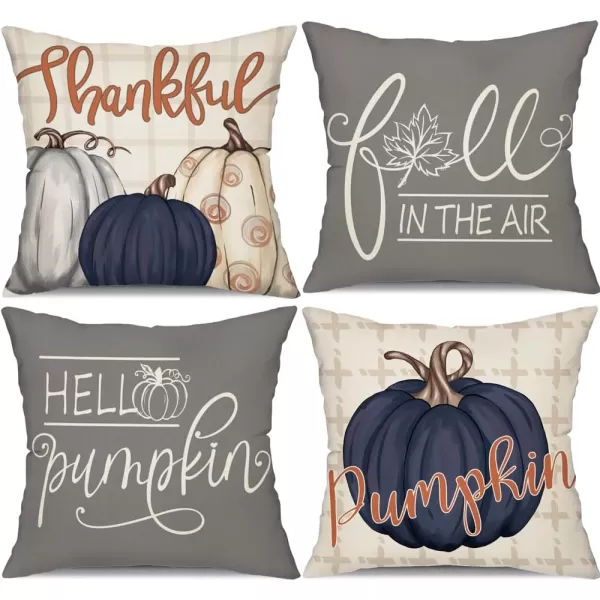 DFXSZ Fall Pillow Covers 18x18 inch Set of 4 Buffalo Plaid Fall Blue Pumpkin Throw Pillow Cover Autumn Thanksgiving Decoration for Home Couch BedGrey Blue Pumpkin