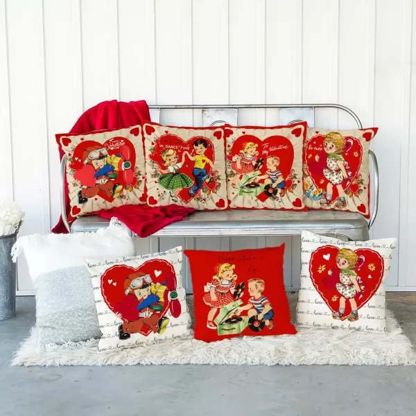 DFXSZ Valentines Day Pillow Covers 18x18 Inch Set of 4 Love Heart Hello Valentine Vintage Retro Throw Pillow Covers Happy Valentine Decorative Throw Pillows Valentines Day DecorationsA