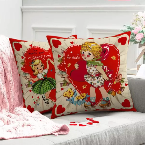 DFXSZ Valentines Day Pillow Covers 18x18 Inch Set of 4 Love Heart Hello Valentine Vintage Retro Throw Pillow Covers Happy Valentine Decorative Throw Pillows Valentines Day DecorationsA