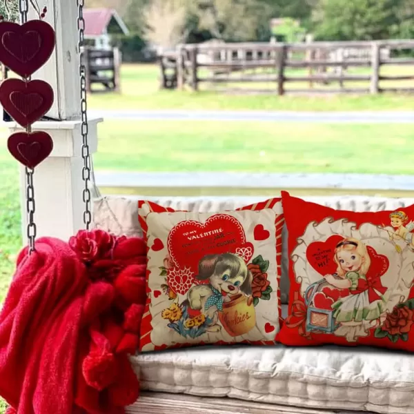 DFXSZ Valentines Day Pillow Covers 18x18 Inch Set of 4 Love Heart Hello Valentine Vintage Retro Throw Pillow Covers Happy Valentine Decorative Throw Pillows Valentines Day DecorationsRed2