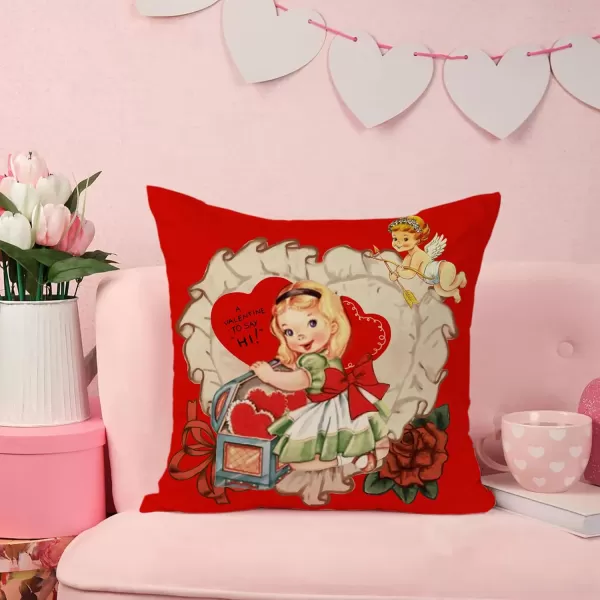 DFXSZ Valentines Day Pillow Covers 18x18 Inch Set of 4 Love Heart Hello Valentine Vintage Retro Throw Pillow Covers Happy Valentine Decorative Throw Pillows Valentines Day DecorationsRed2