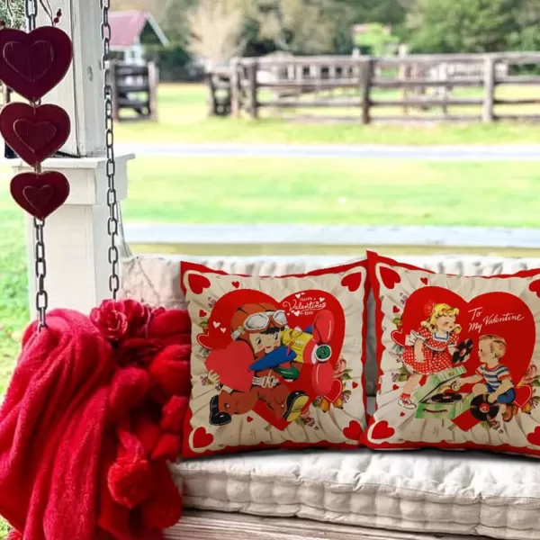 DFXSZ Valentines Day Pillow Covers 18x18 Inch Set of 4 Love Heart Hello Valentine Vintage Retro Throw Pillow Covers Happy Valentine Decorative Throw Pillows Valentines Day DecorationsA