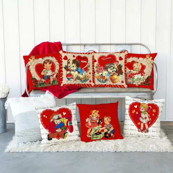 DFXSZ Valentines Day Pillow Covers 18x18 Inch Set of 4 Love Heart Hello Valentine Vintage Retro Throw Pillow Covers Happy Valentine Decorative Throw Pillows Valentines Day DecorationsRed2