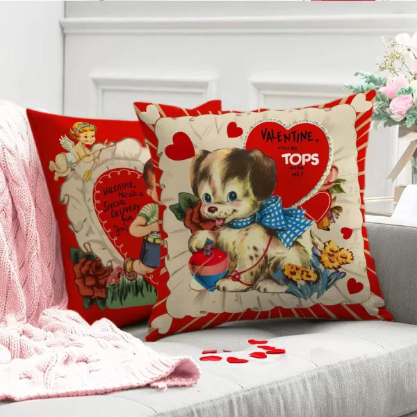 DFXSZ Valentines Day Pillow Covers 18x18 Inch Set of 4 Love Heart Hello Valentine Vintage Retro Throw Pillow Covers Happy Valentine Decorative Throw Pillows Valentines Day DecorationsRed2