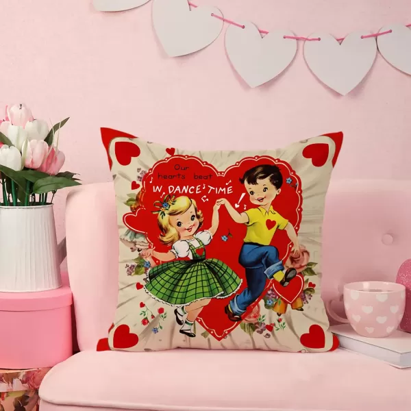 DFXSZ Valentines Day Pillow Covers 18x18 Inch Set of 4 Love Heart Hello Valentine Vintage Retro Throw Pillow Covers Happy Valentine Decorative Throw Pillows Valentines Day DecorationsA