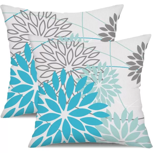 Blue and Gray Floral Pillow Covers 18x18 Set of 2 Outdoor Waterproof White Colored Decorative Throw Pillows Summer Pillowcase Polyester Cushion Case Decor for Couch Patio Funiture Garden Porch 01BLight Blue