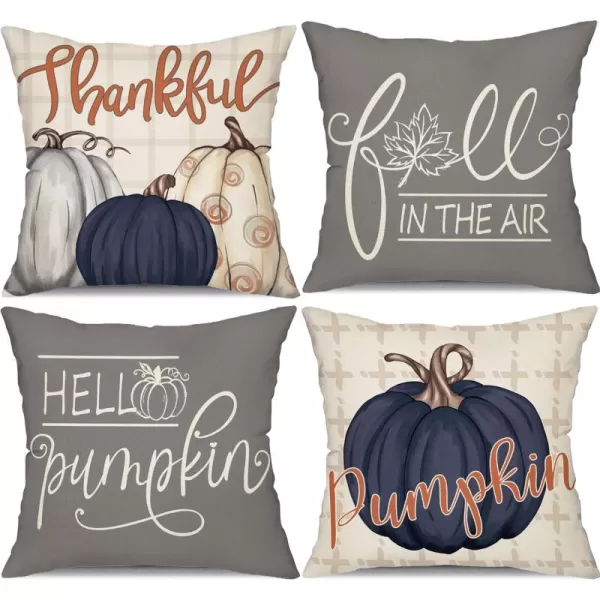DFXSZ Fall Pillow Covers 18x18 inch Set of 4 Buffalo Plaid Fall Blue Pumpkin Throw Pillow Cover Autumn Thanksgiving Decoration for Home Couch BedGrey Blue Pumpkin