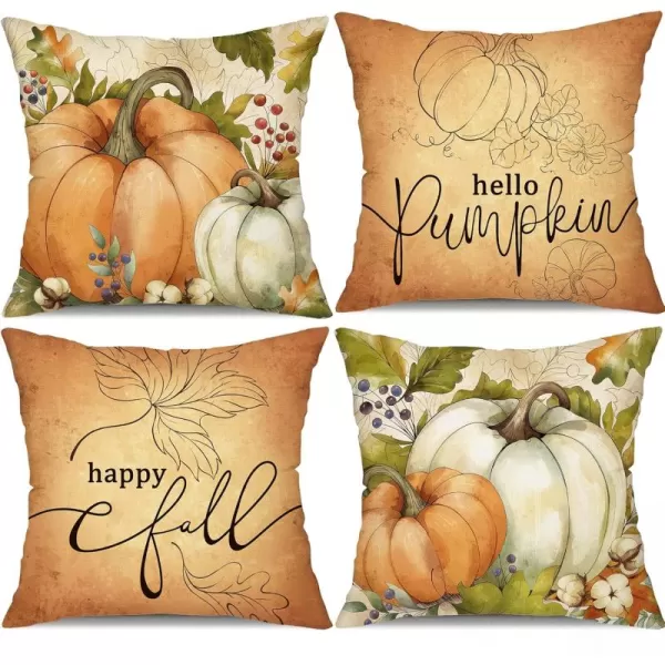 DFXSZ Fall Pillow Covers 18x18 inch Set of 4 Watercolor Pumpkin Maple Leaves Happy Fall Pumpkin Outdoor Throw Pillow Case Autumn Thanksgiving Farmhouse Decoration for Home CouchOrange
