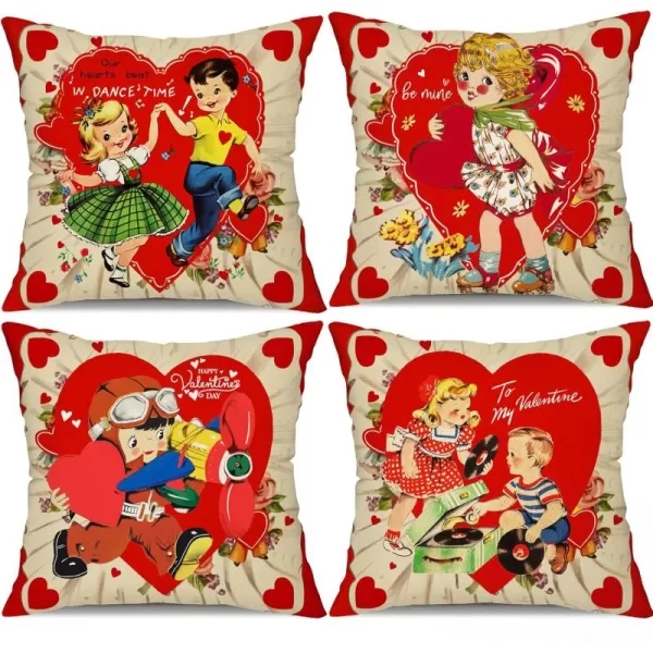 DFXSZ Valentines Day Pillow Covers 18x18 Inch Set of 4 Love Heart Hello Valentine Vintage Retro Throw Pillow Covers Happy Valentine Decorative Throw Pillows Valentines Day DecorationsA