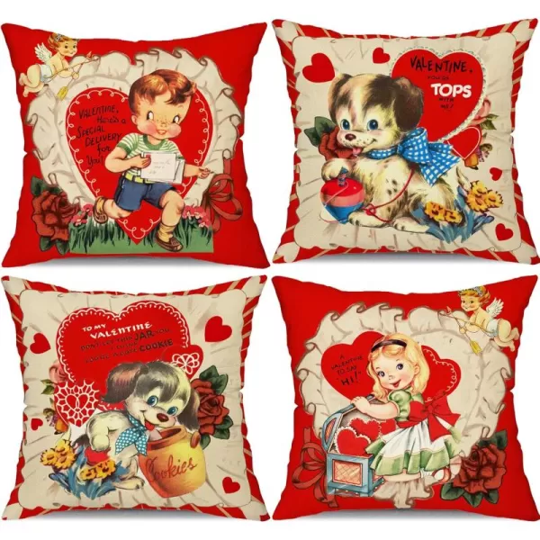 DFXSZ Valentines Day Pillow Covers 18x18 Inch Set of 4 Love Heart Hello Valentine Vintage Retro Throw Pillow Covers Happy Valentine Decorative Throw Pillows Valentines Day DecorationsRed2