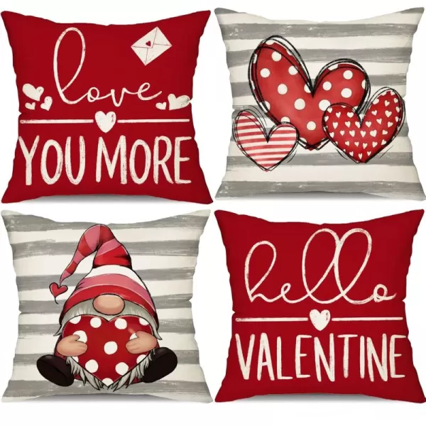 DFXSZ Valentines Day Pillow Covers 18x18 Inch Set of 4 Polka Dots Stripes Love Heart Gnomes Valentine Pillows Valentines Day Decorations for Sofa Couch