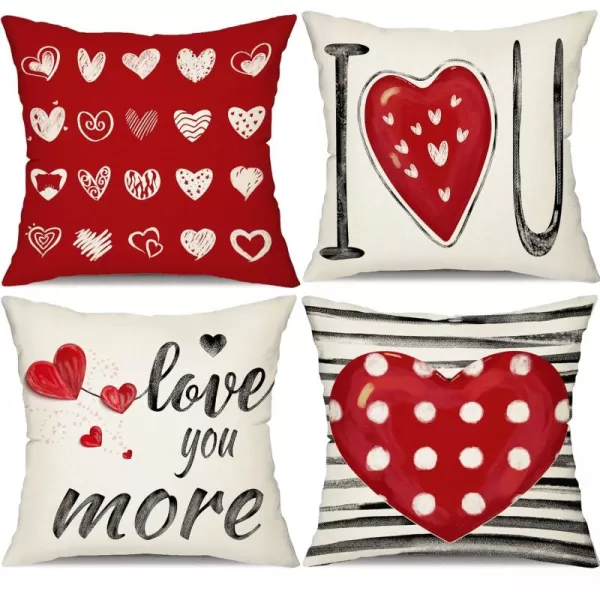 DFXSZ Valentines Day Pillow Covers 18x18 Inch Set of 4 Red Polka Dots Stripes Love Heart Valentine Pillows Decorative Throw Pillows Valentines Day Decorations