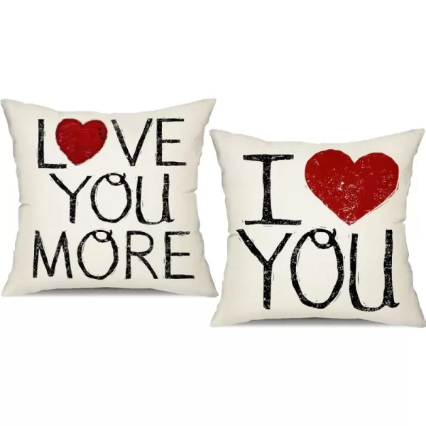 DFXSZ Valentines Day Pillow Covers 18x18 Set of 2 Red Heart Love You More Pillowcase for Valentines Day Throw Pillows Cushion Valentines Decorations
