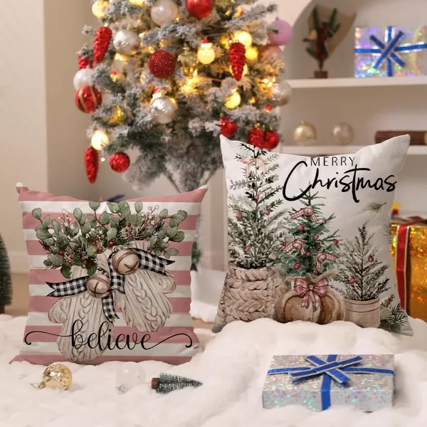 DFXSZ Christmas Pillow Covers 18x18 inch Set of 4 Christmas Tree Gloves Hello Winter Decorative Red White Stripe Throw Pillow Covers Winter Farmhouse Decoration for Home Couch 134Pinkwhite