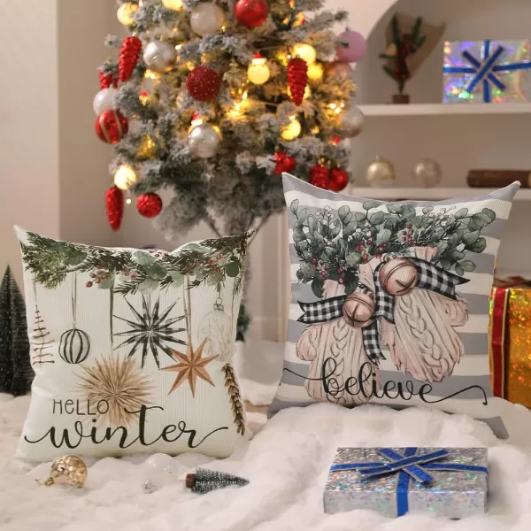 DFXSZ Christmas Pillow Covers 18x18 inch Set of 4 Christmas Tree Gloves Hello Winter Decorative Red White Stripe Throw Pillow Covers Winter Farmhouse Decoration for Home Couch 134White Grey